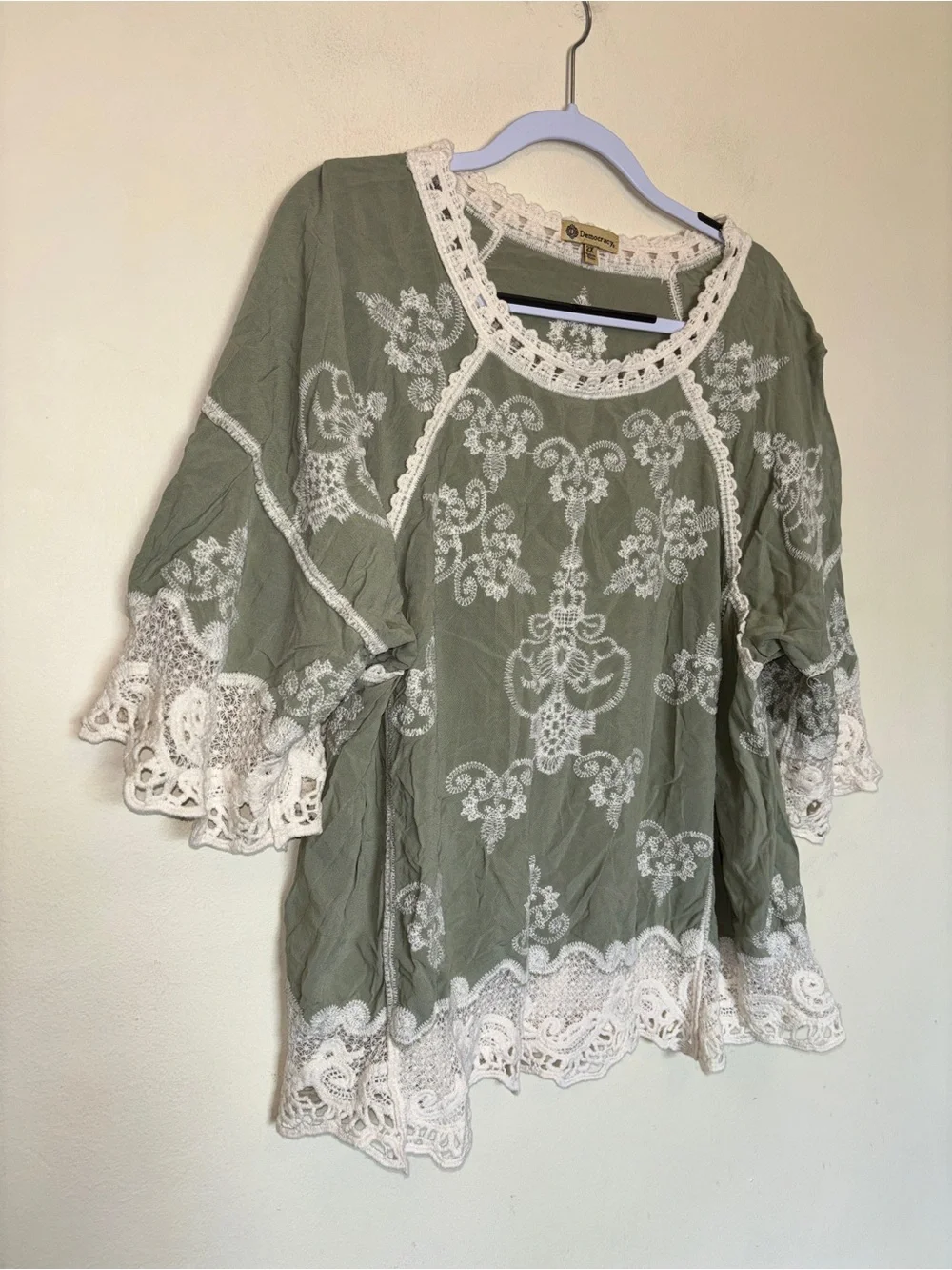 Democracy Boho Blouse 2X Lace Crochet Flowy Peasant Eyelet Cottage Embroidered - Picture 2 of 9